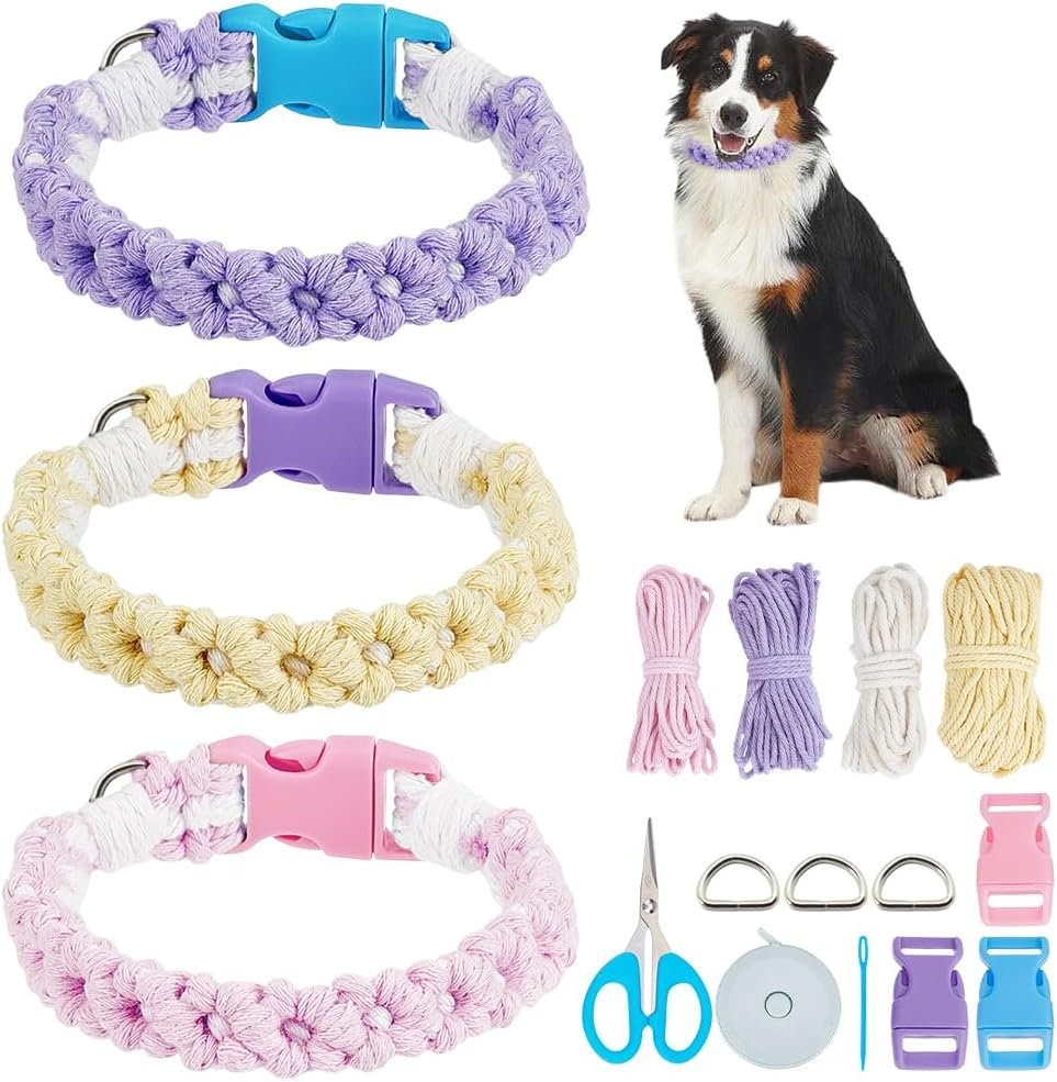 WEBEEDY 3 Sets DIY Macrame Dog Collar Kit for Adults Beginners Macrame Daisy Pet Collar Knotting Set with 4 Colors 60m Cotton Cord and Instruction Adjustable Handmade Pet Necklace for Birthday