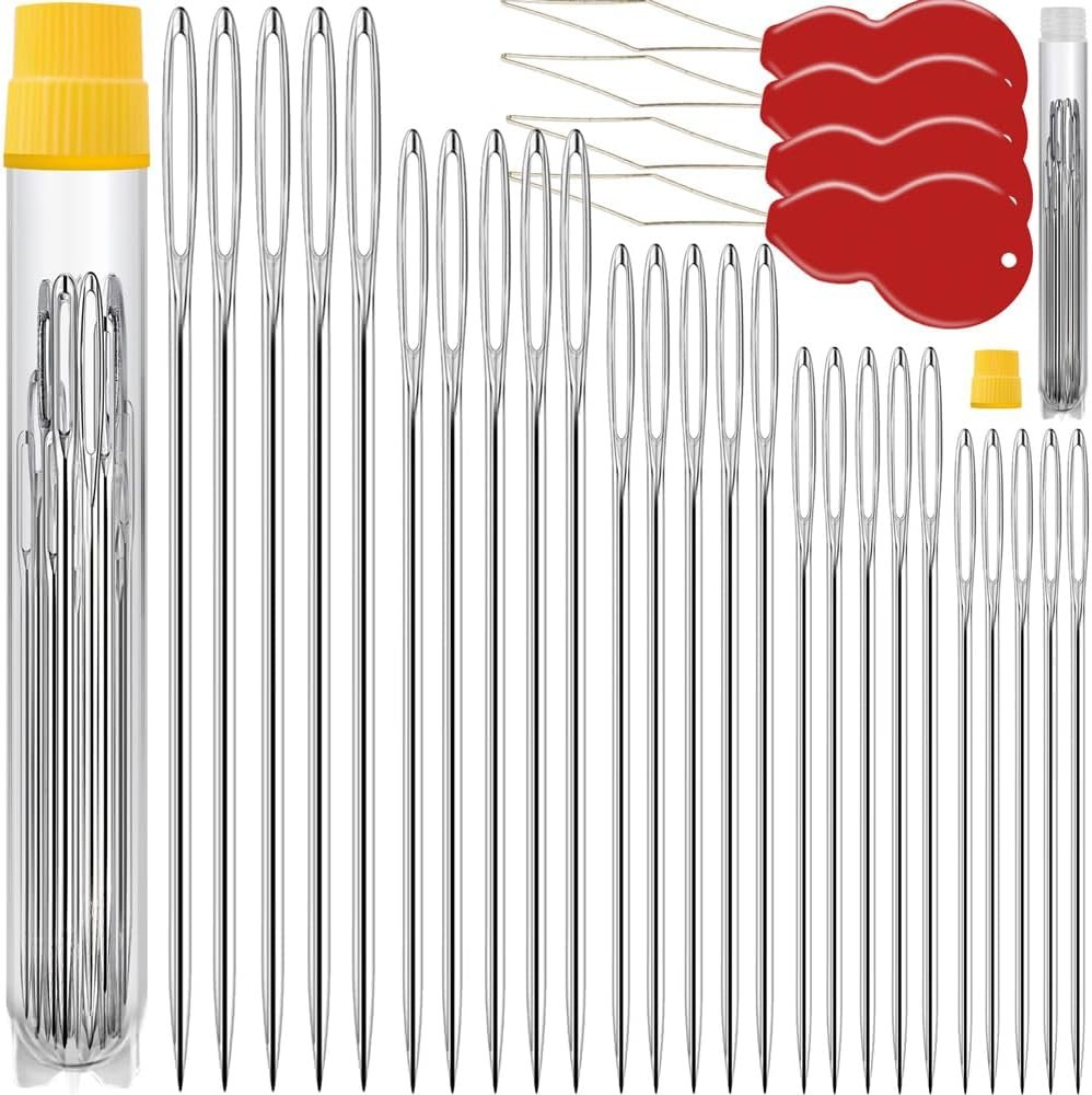 75 Pack Premium Large Eye Needles for Hand Sewing with 4 Needle Threaders, Assorted Sizes, Embroidery Needles for Hand Sewing, Sewing Needles Large Eye, Big Eye Needle