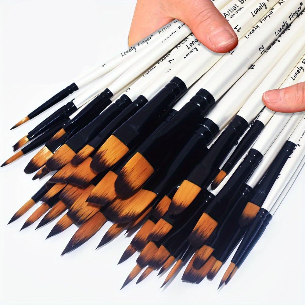 48pcs Professional Artist Paint Brush Set – Include Round, Filbert, Flat, Angle Artist Brushes, Premium Wood Handle Brushes and Nylon Bristles for Acrylic, Gouache & Watercolor, Pearl White