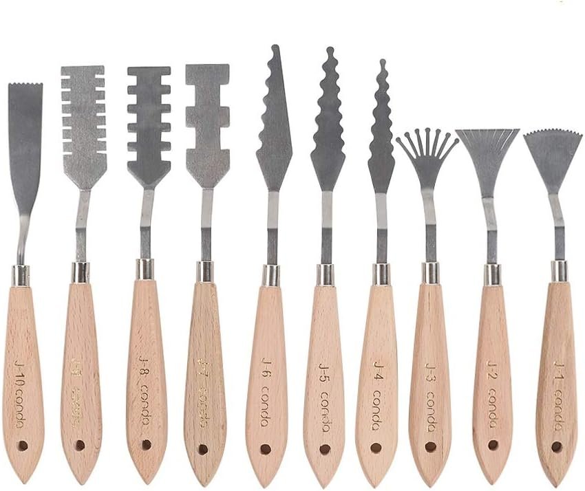 CONDA Palette Knife Set -10Pcs Stainless Steel Spatula Pallet Knife Painting Tools Metal Knives Wood Handle with Different Shapes and Sizes