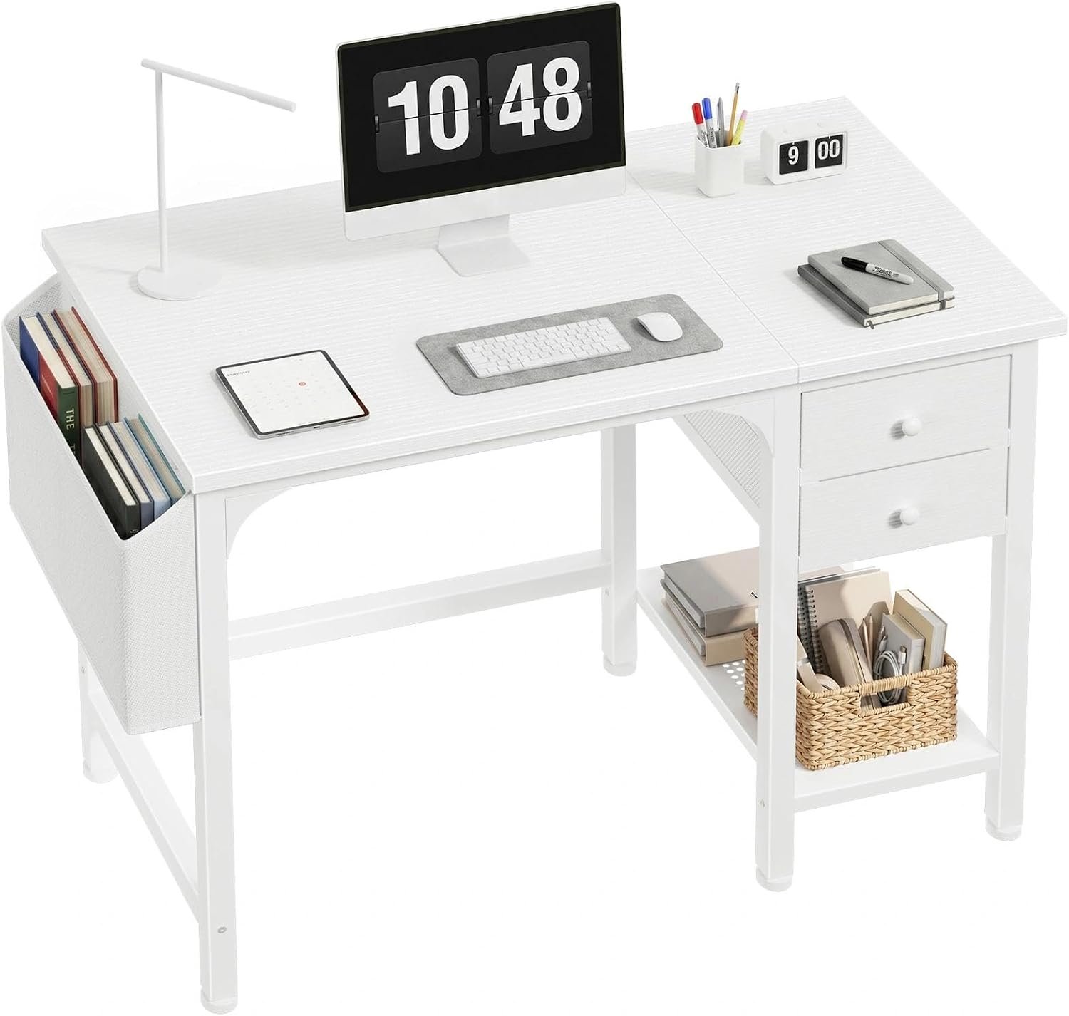 Lufeiya White Small Desk with Drawers – 40 Inch Computer Desk for Small Space Home Office, Modern Simple Study Writing Table PC Desks