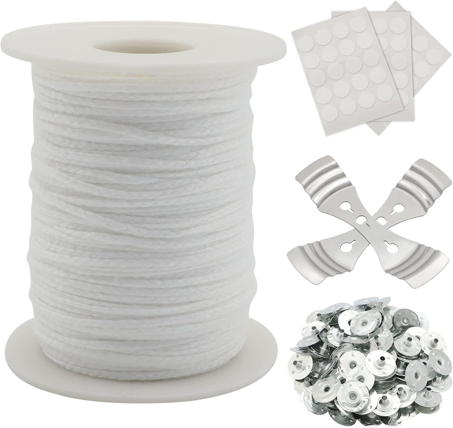 Candle Wick Roll, RAPUDA 200 Ft 24 PLY Braided Wick Spool, 2 Pcs Metal Candle Wick Holders,100 Pcs Metal Sustainer Tabs, 60 pcs Candle Thread Stickers for Candle DIY Craft Making