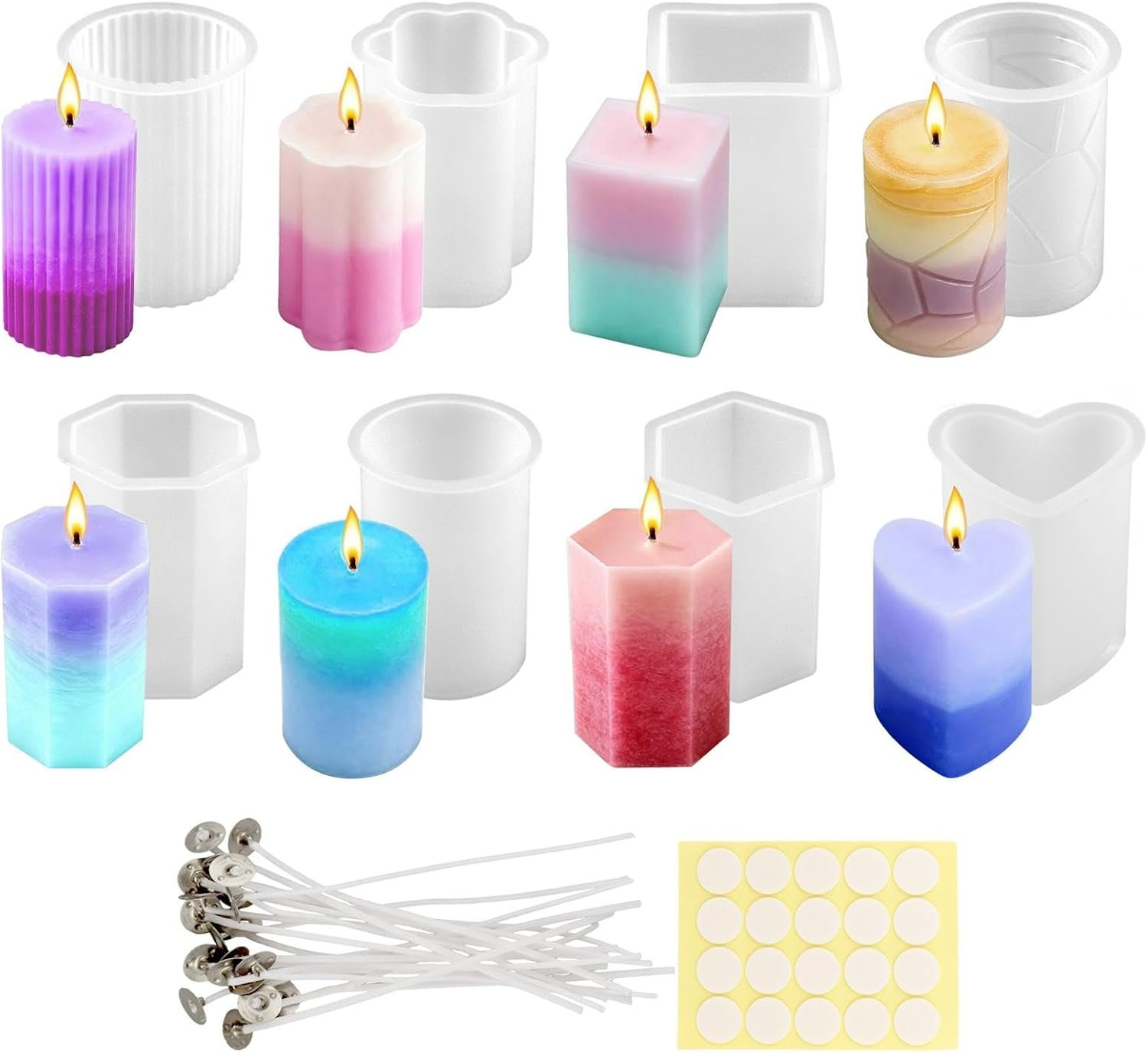 Silicone Candle Molds Set, Reusable Easy Release, 8 Different Shapes for DIY Pillar Candles, Resin Casting, Soap, Home Decoration, Holiday Gifts