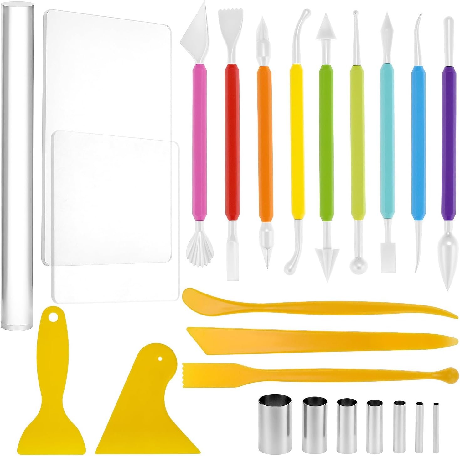 QWORK 24-Piece Clay Sculpting Tool Kit with Acrylic Roller, Sheets, Plastic Scraper, Stainless Steel Cutters, Polymer Clay Cutter Tools