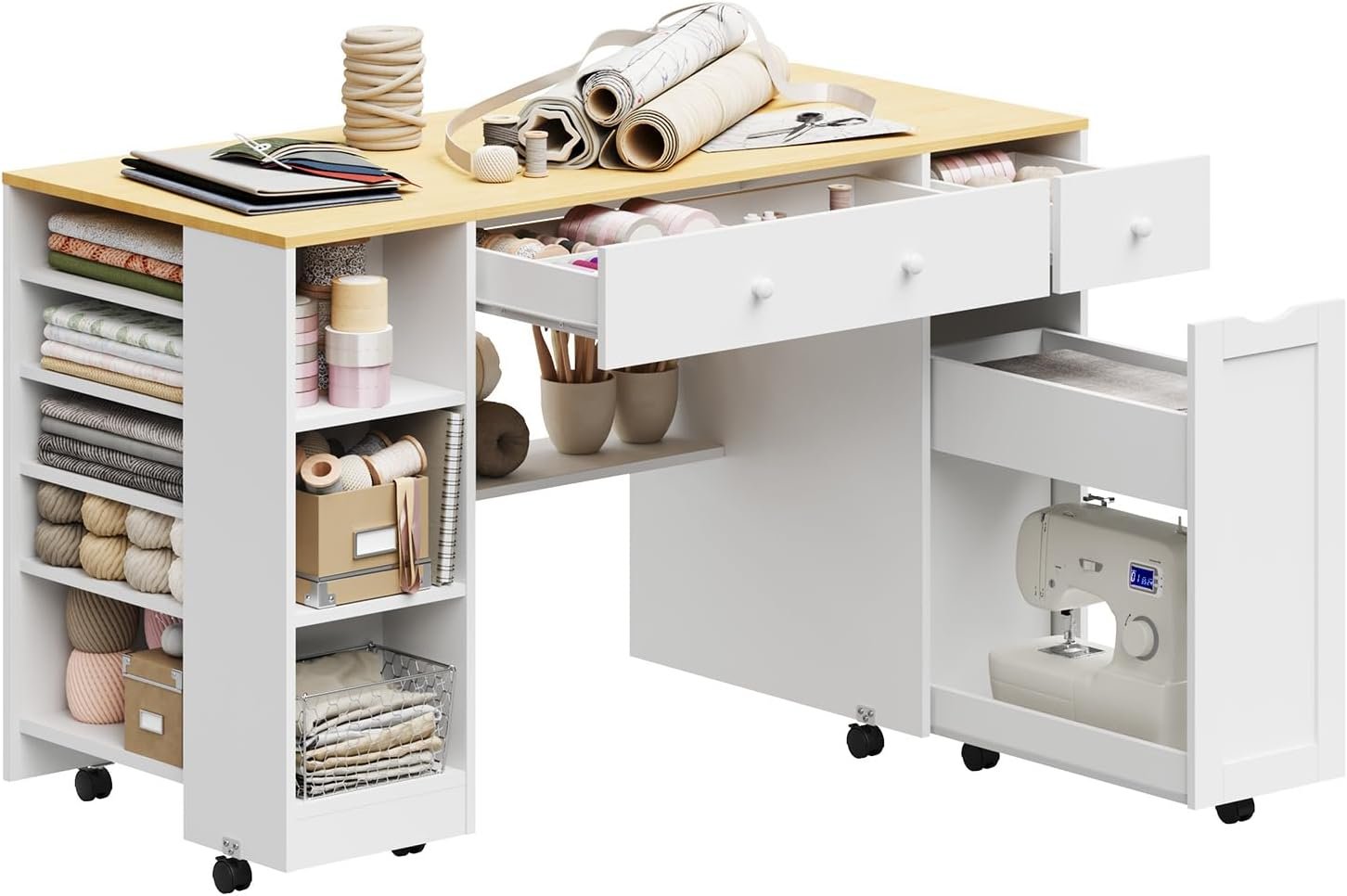 Rolling Craft Table with Sewing Machine Storage Drawer (White+Wood)