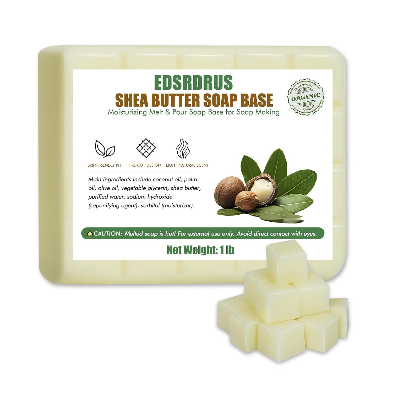 EDSRDRUS 1 lb Shea Butter Soap Base, Melt & Pour, Easy-Cut, Lightly Scented