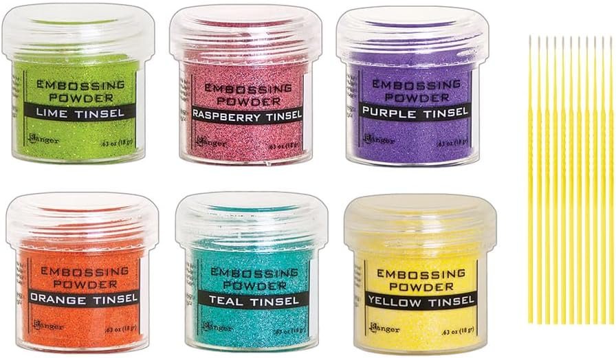 Ranger Embossing Powder Celebration Bundle – 6 Embossing Powder Tinsel Set – Lime, Raspberry, Purple, Orange, Teal, Yellow – with Trebbies Detail Sticks