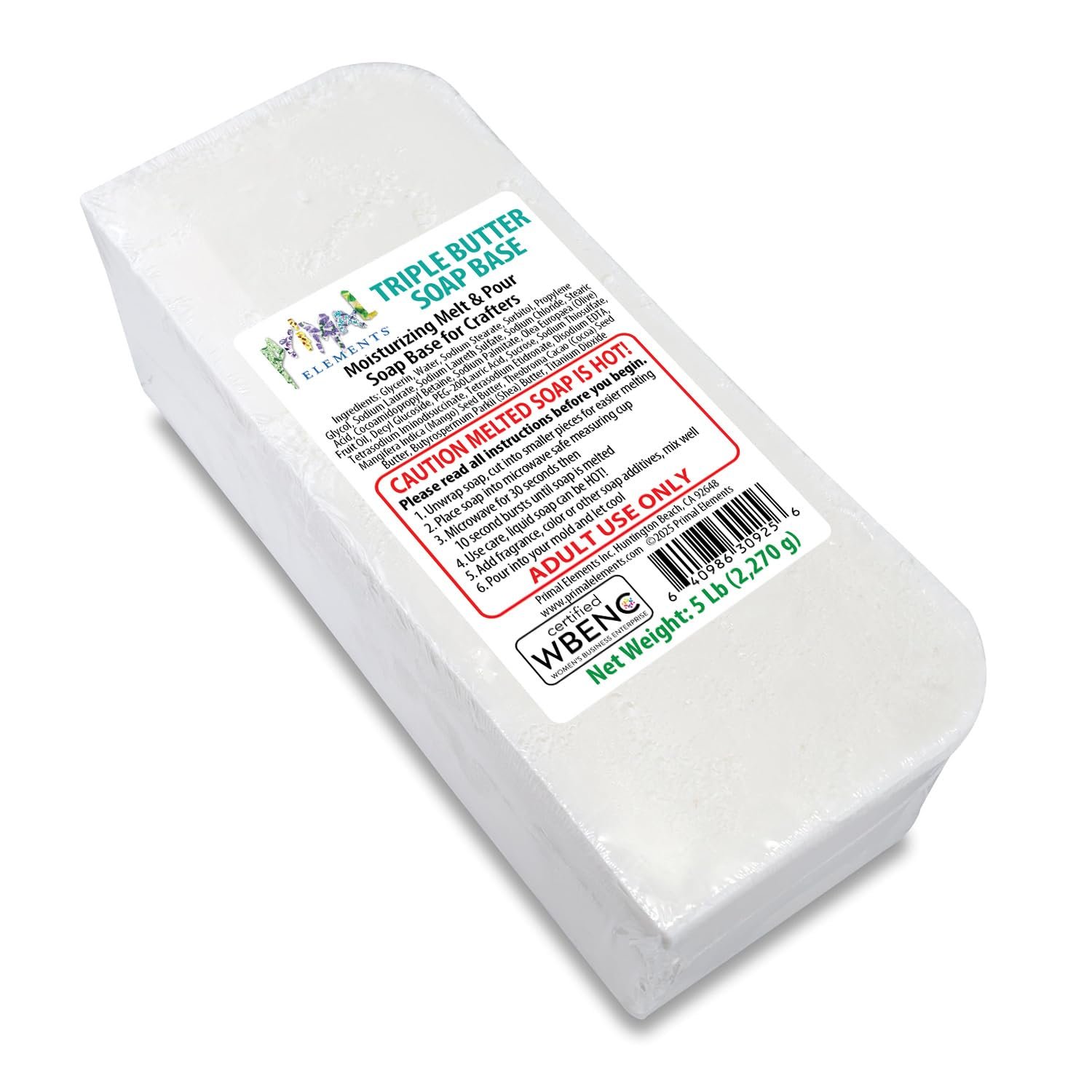 Primal Elements Triple Butter Soap Base (Mango, Shea, and Cocoa Butter) – Moisturizing Melt and Pour Glycerin Soap Base for Crafting and Soap Making, Easy to Cut – 5 Pound