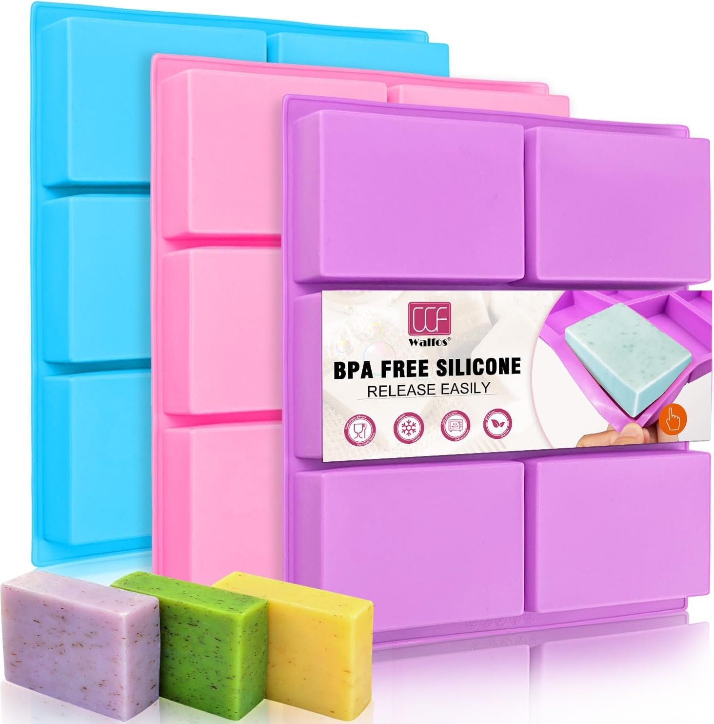 Walfos Silicone Soap Molds Set of 3, 6 Cavities Rectangle Silicone Soap Molds for Homemade Craft Soap Mold, Cake,Chocolate ＆ Ice Cube Tray（Blue & Purple ＆ Pink）