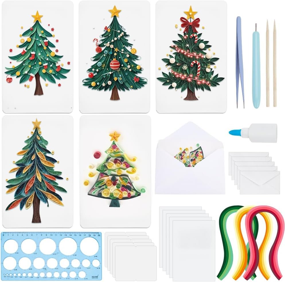 WEBEEDY 20 Sets Christmas Tree Paper Quilling Kit DIY Card Making Kit with Instruction for Adult Beginner Handmade 3D Christmas Trees Greeting Card for Party Holiday Decor Gift