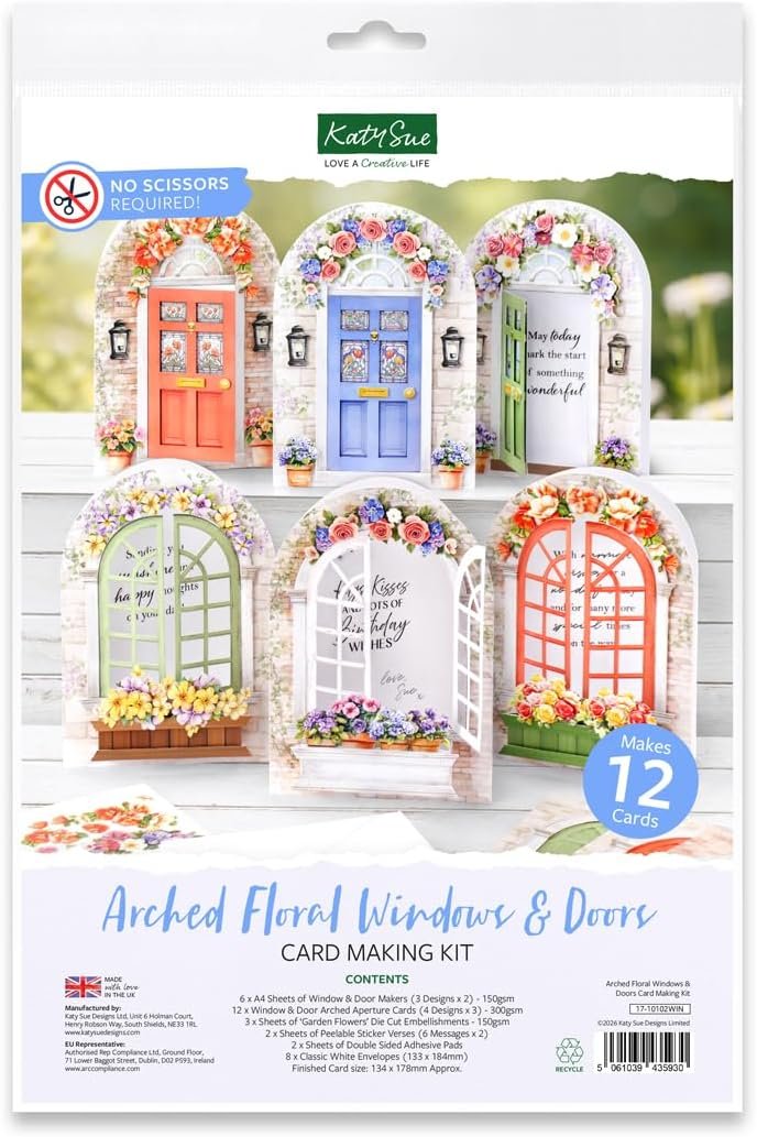 Katy Sue Arched Floral Windows & Doors Card Making Kit, Makes 12 Handmade Cards – inc Die Cut Cards, Decoupage, Envelopes, Foam Pads, Verse Stickers & Instructions, for Card Making & Papercrafting