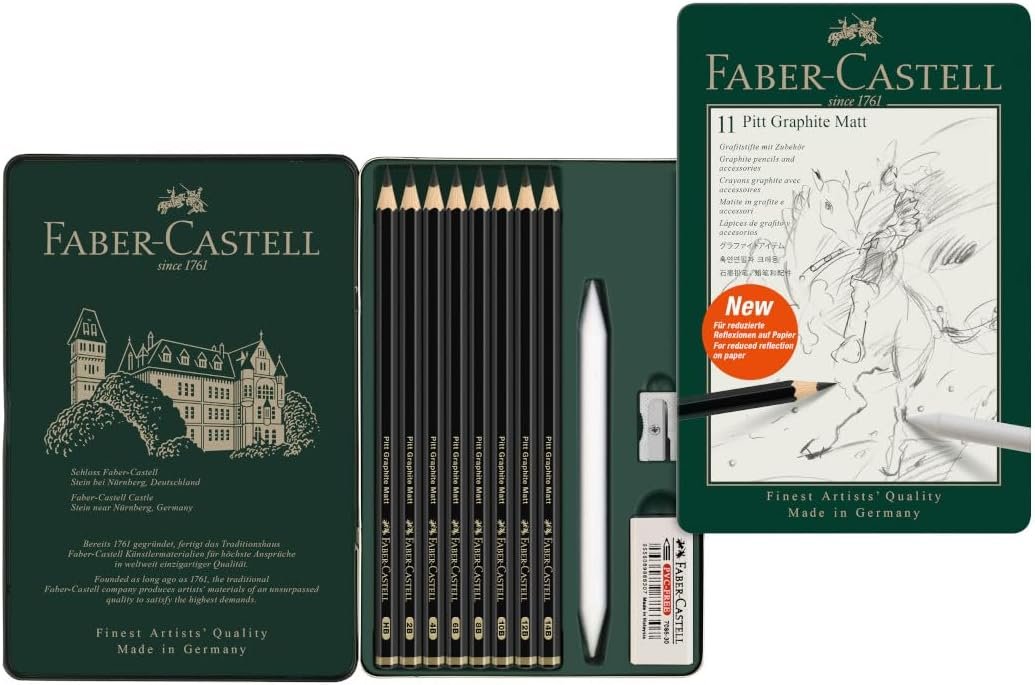 Faber-Castell Pitt Graphite Matte Pencil Set, Metal Tin of 8 Graphite Pencils and Sketching Accessories (HB, 2B, 4B, 6B, 8B, 10B, 12B, 14B), Pencil Sharpener, Eraser and Blending Stump
