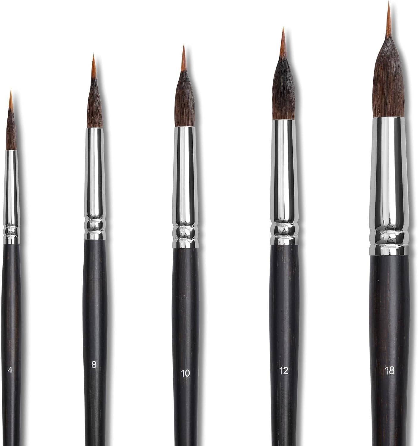 Dancart 5 PCS Watercolor Brushes for Detail Painting, Natural & Mink Hair Blend, Round Pointed Tips, Birch Wood Handle (#4/8/10/12/18) (Black)