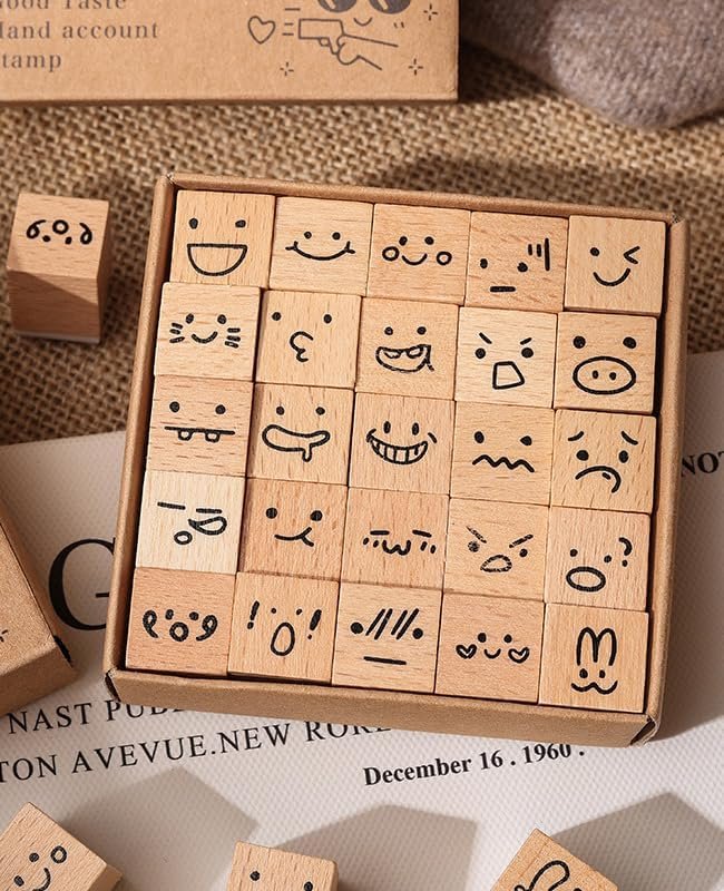 25 Pcs Emoji Rubber Stamps Set, Wooden Mini Stamps for Journaling Planner