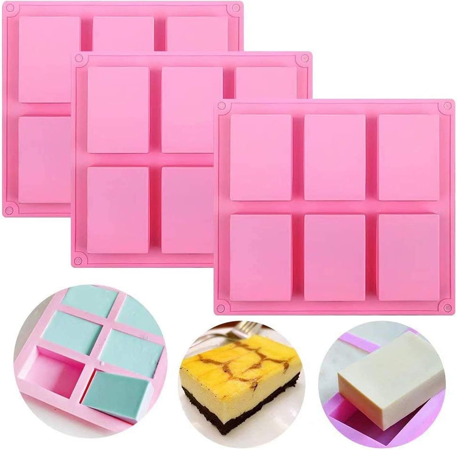 Set of 3, 6 Cavities DIY Handmade Soap Moulds – Cake Pan Molds for Baking, Biscuit Chocolate Mold, Silicone Soap Bar Mold for Homemade Craft, Ice Cube Tray, Pink