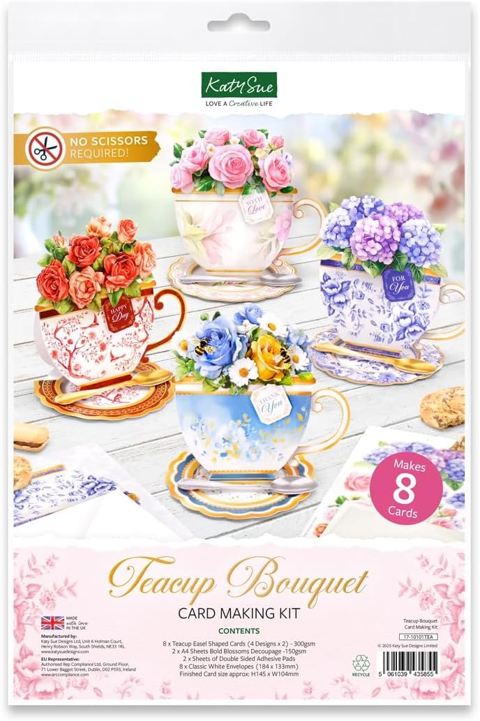Katy Sue Teacup Bouquet Card Making Kit – Make 8 Freestanding Floral Teacup Easel Cards. Contains Shaped Cards, Die-Cut Decoupage, Adhesive Foam Pads, Envelopes & Instructions for Card Making Supplies