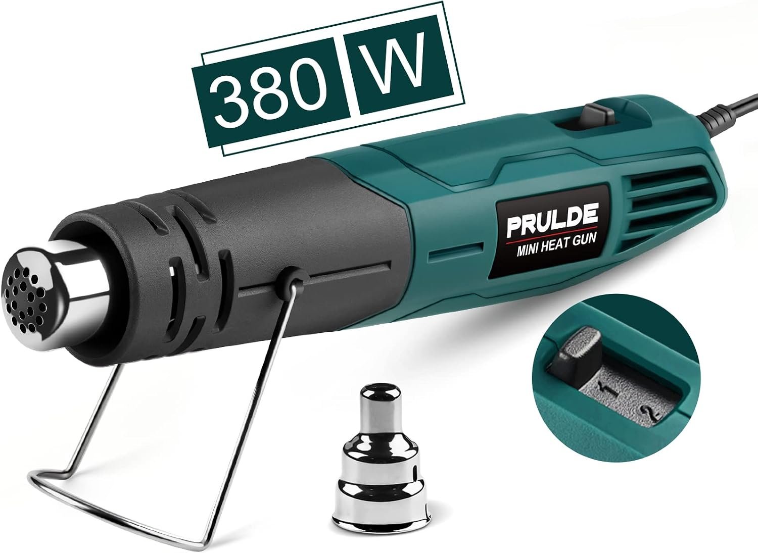 PRULDE Mini Heat Gun for Crafting, 2 Temp Settings 480℉&850℉ Fast Heat Shrink Gun with 6.6Ft UL Cord/Reflector Nozzle, Overheat Protection Hot Air Gun for Shrink Wrap/Tubing, Vinyl Wrap, Resin