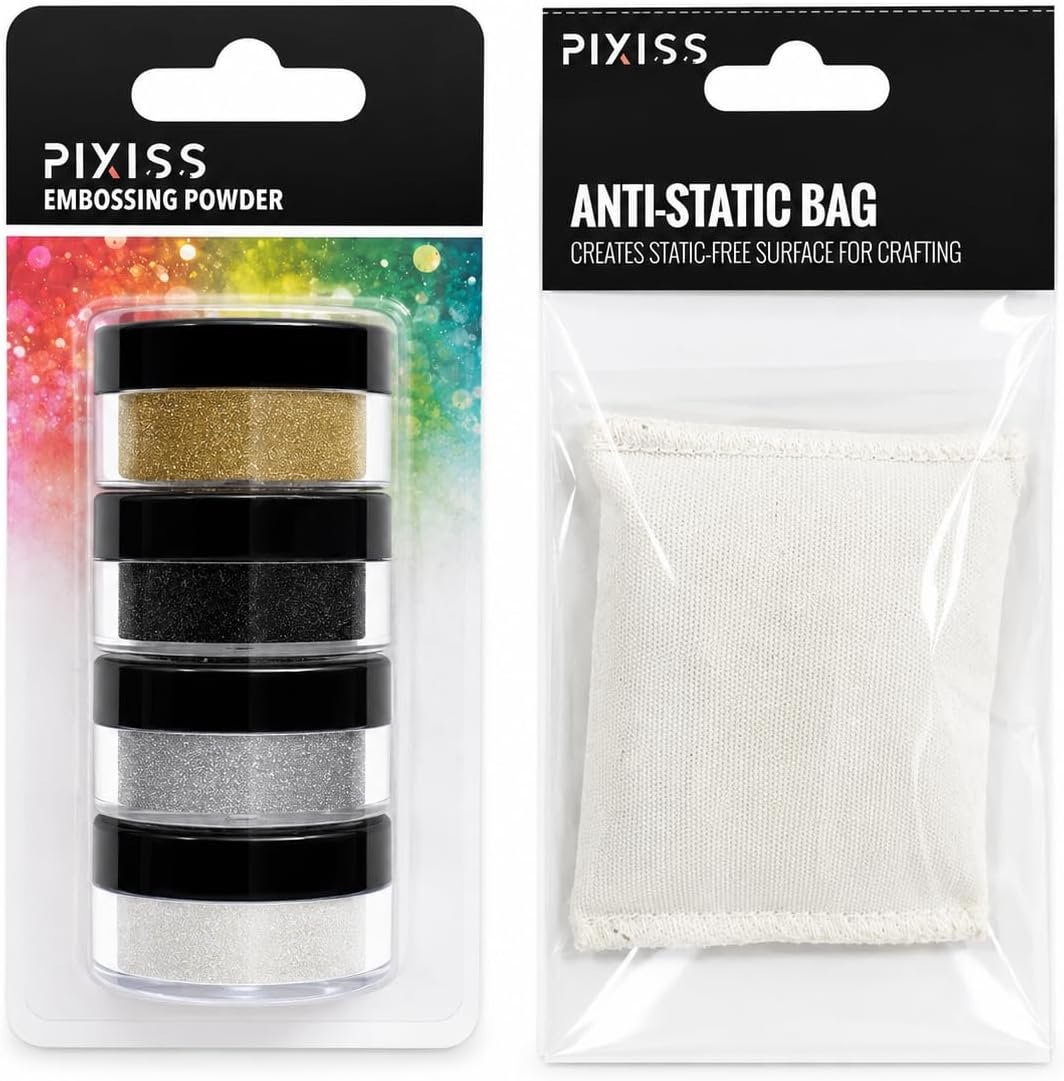 Pixiss Embossing Kit with Anti Static Bag – .15 oz Black, White, Silver, and Gold Embossing Powder Set – for Embossing, Glittering, Card Making, Scrapbooking, and Mixed Media Art