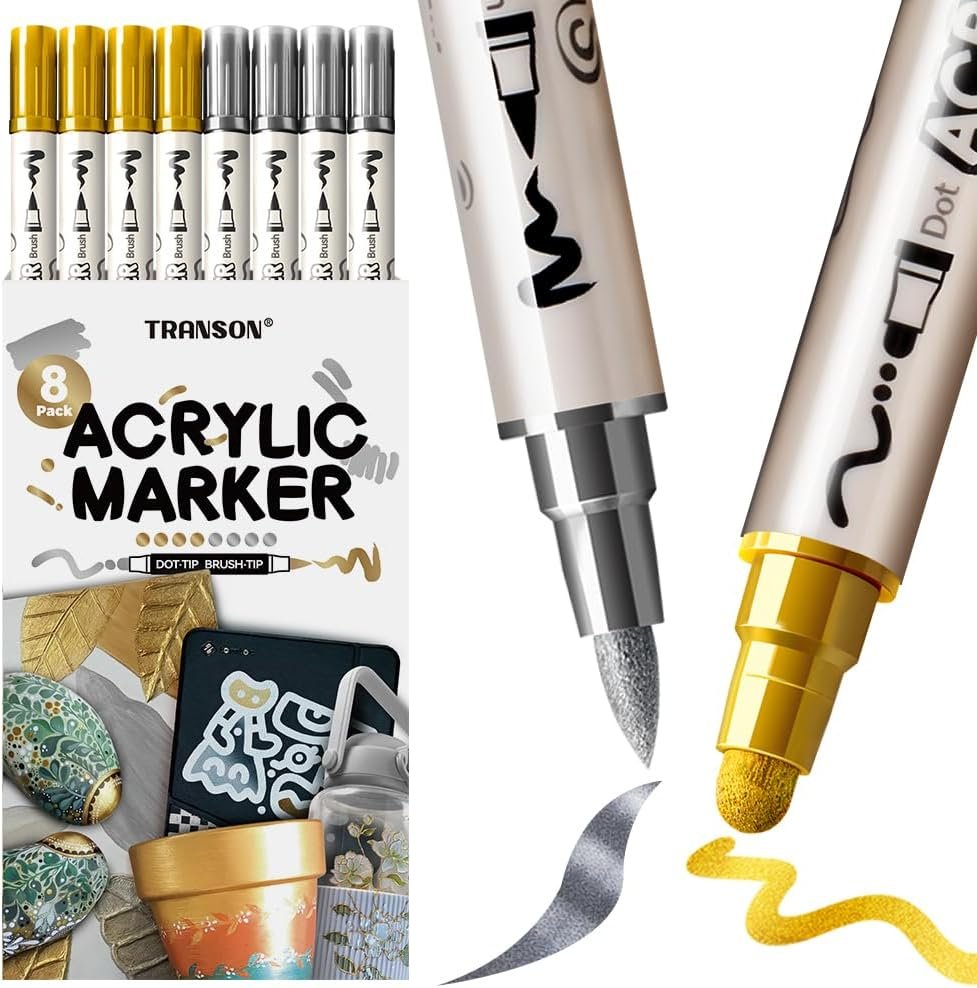 TRANSON 4 Silver and 4 Gold Paint Markers Brush and Bold Dual-tip Acrylic Paint Marker Set for Rock Painting Glass Canvas Wood Leather Ceramic Painting