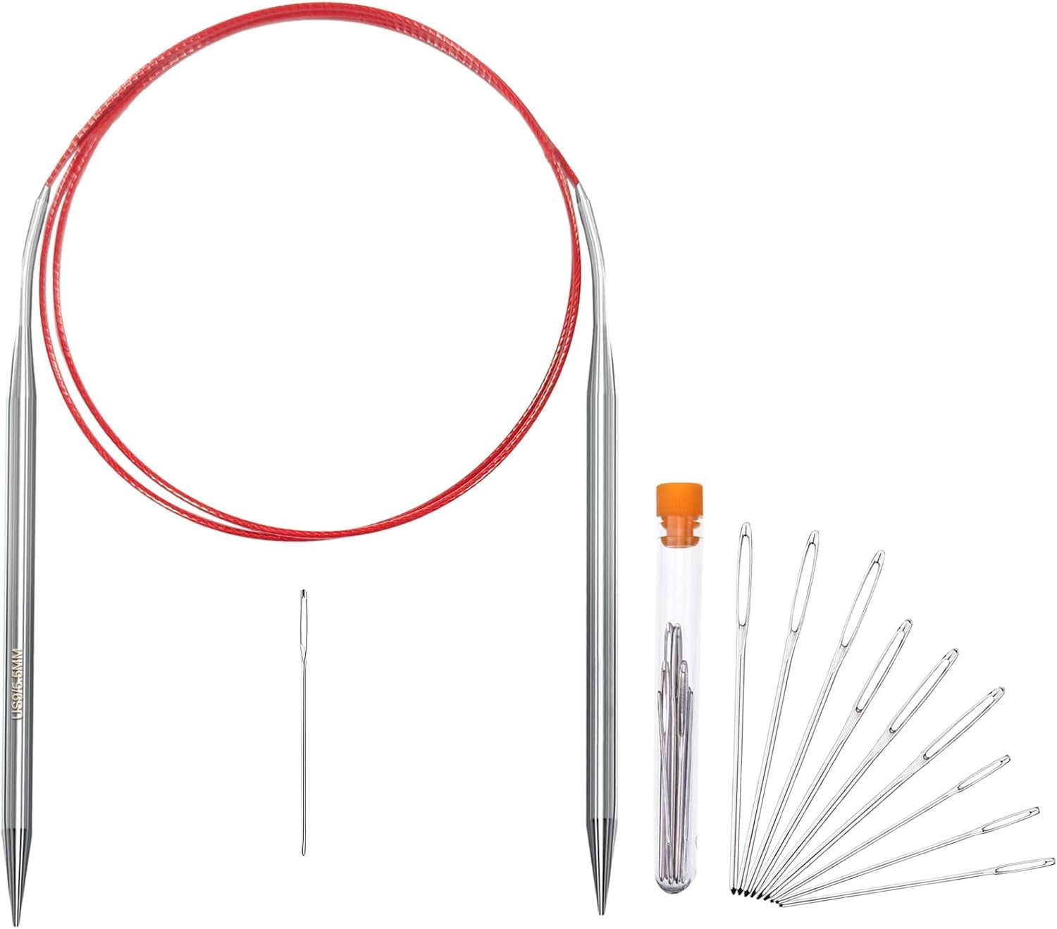 Size 9/5.5mm Circular Knitting Needles,40 Inch/100cm Knitting Needles for Beginners,Metal Round Knitting Needle Set with 9 Yarn Needle (Orange, 40-inch-US-9(5.5mm))