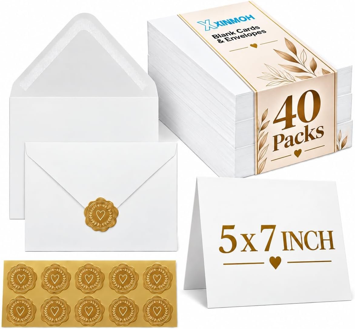 40 Pack Blank White Cards and Envelopes – 5″ x 7″ Heavyweight Folded Cardstock and A7 Envelopes for DIY Greeting Cards Wedding Birthday Invitations Baby Shower Thank You Cards and All Occasions