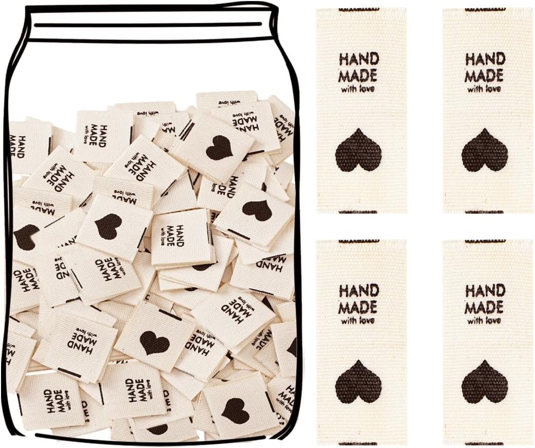 100pcs Sewing Labels for Handmade Items, Durable Fabric Woven Tags with Handmade with Love Text, Sewing Labels for Crochet, Knitting, Sewing Projects and DIY Crafts (Style D)