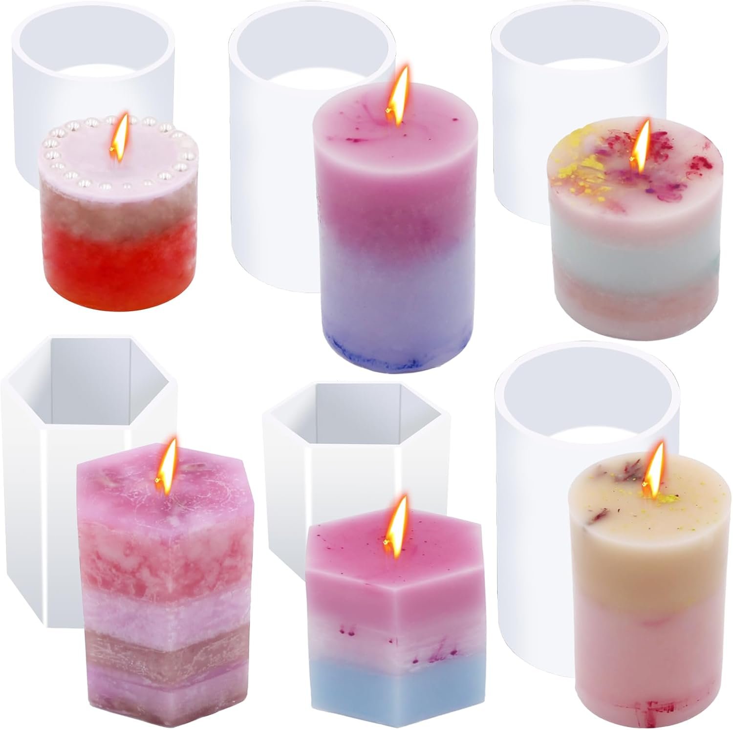 EuTengHao Cylinder & Hexagon Candle Silicone Resin Mold for Scented Candle, Soap – Reusable, Fashionable & Easy Release for DIY Crafts, Home Decoration, Holiday Gifts (6 Packs)