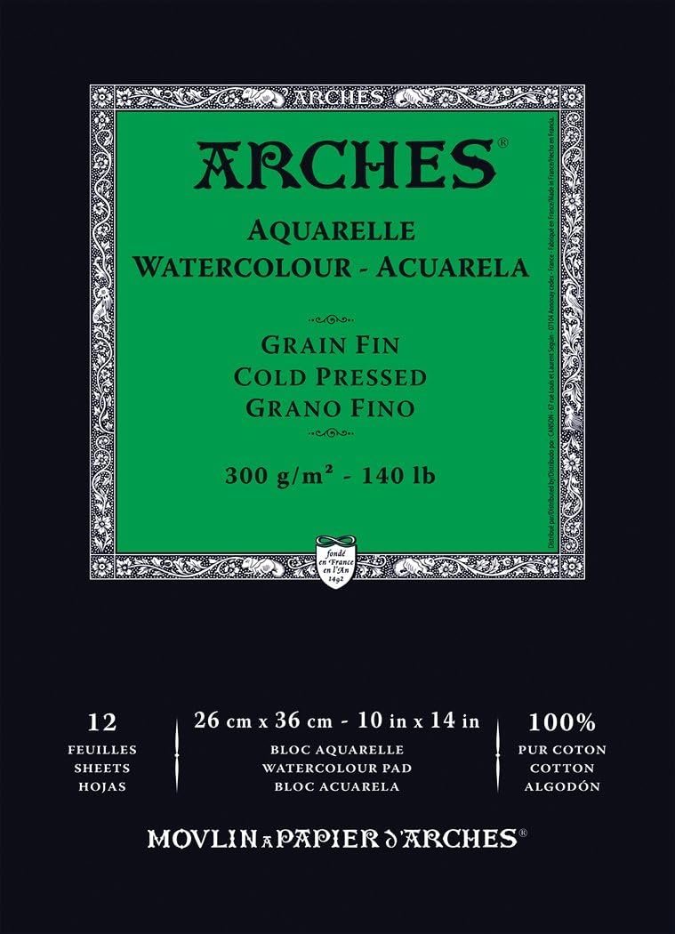 Arches Aquarelle Watercolor Paper Pad, Cold Pressed, 140lb/300gsm, 12 Sheet, 10×14 inch, 1 Count