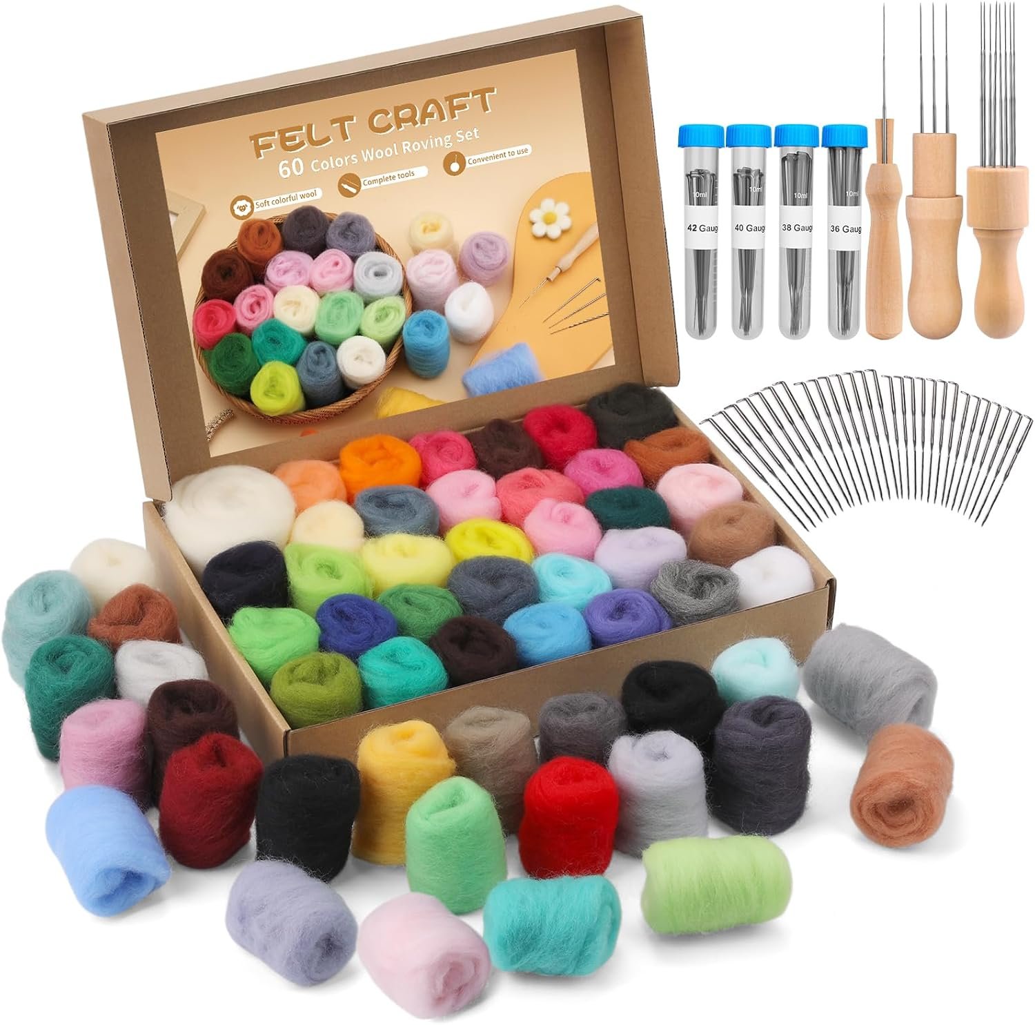 Mayboos 60 Colors Needle Felting Kit with Assorted Wool Roving & Needles