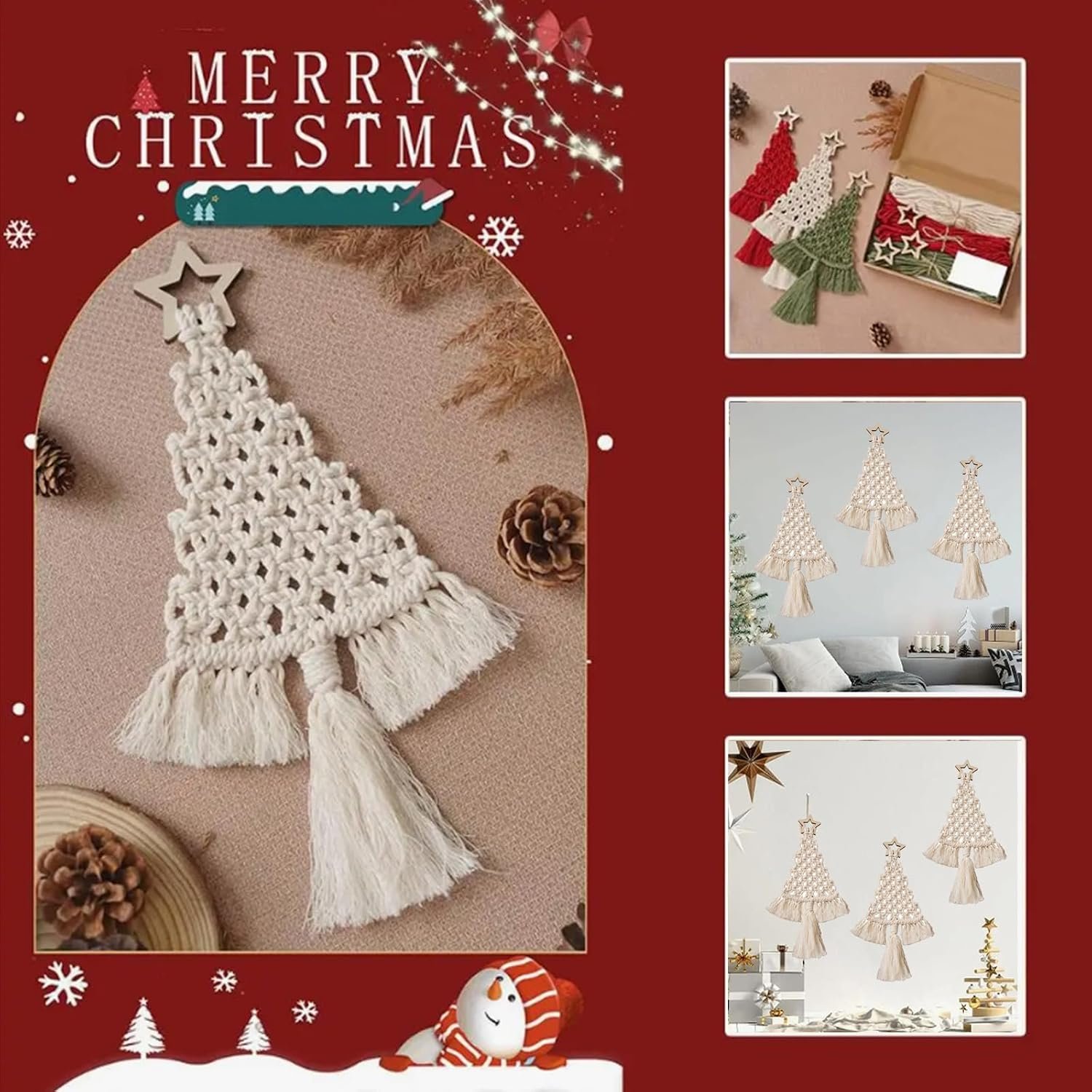 mdgfge 3 Pack Christmas Tree DIY Macrame Kit, Christmas Macrame Woven Boho Christmas Tree Decorative Hanging Ornaments Assembled DIY Kits for Beginners Xmas Holiday Party Wall Hanging Supplies