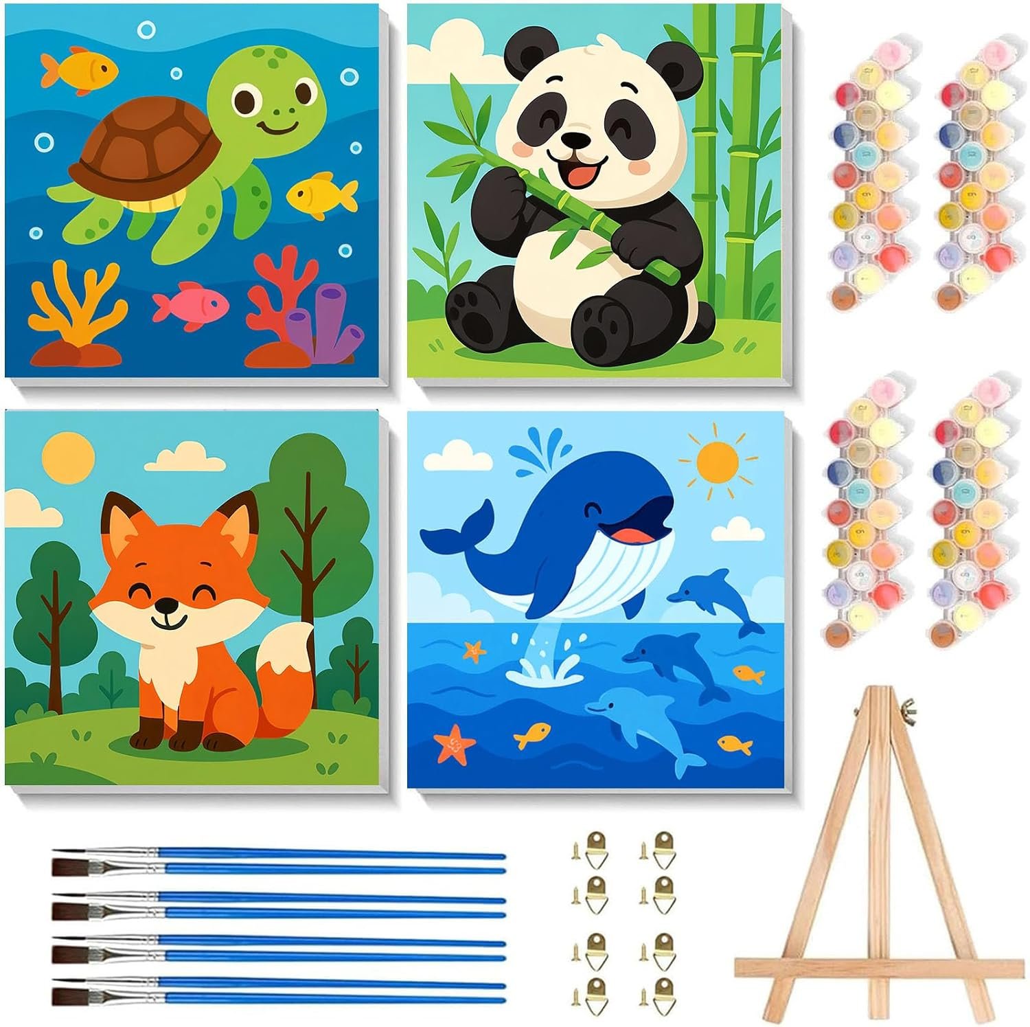 Arttoplus 4 Pack Paint by Numbers Kit for Kids with Frame Animals 8×8 inch