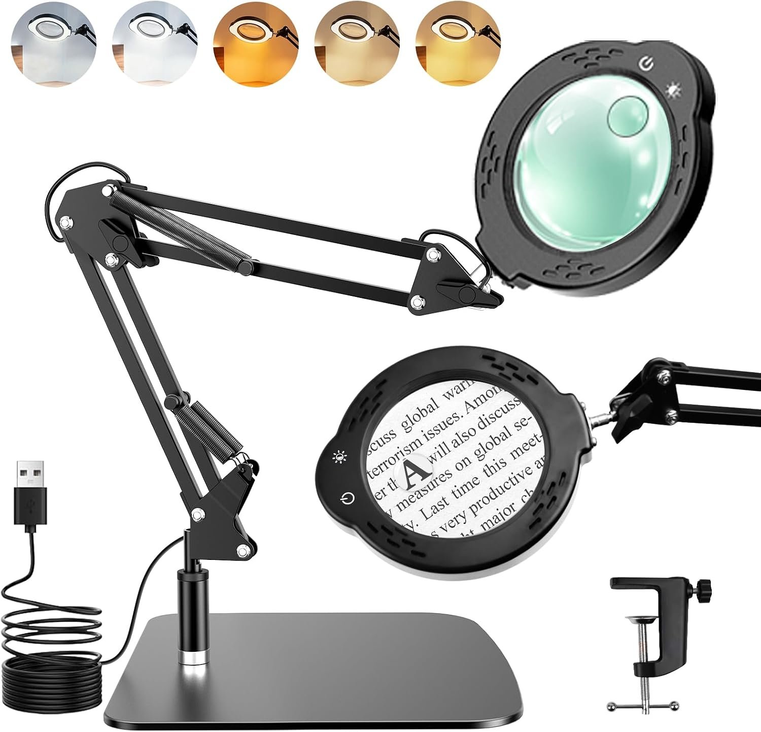30X 10X Magnifying Glass with Light and Stand, Real Glass Lens Magnifying Lamp, Hands-Free LED Desk Magnifier with 5 Color Modes, 3 Brightness Levels for Crafts, Reading, Sewing, Electronics & Jewelry