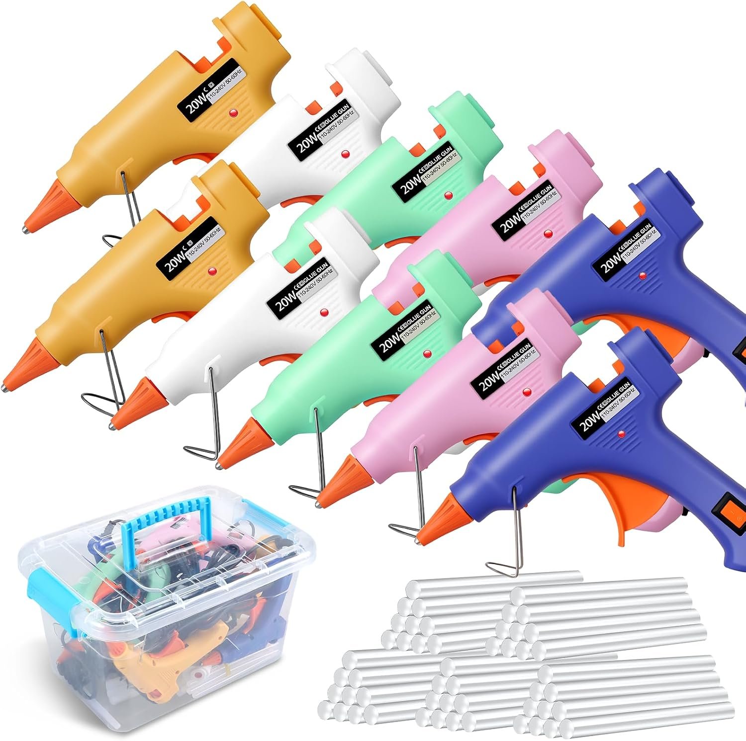 10 Pack Mini Hot Glue Gun Set, 50 Glue Sticks, 5 Colors, with Storage Box