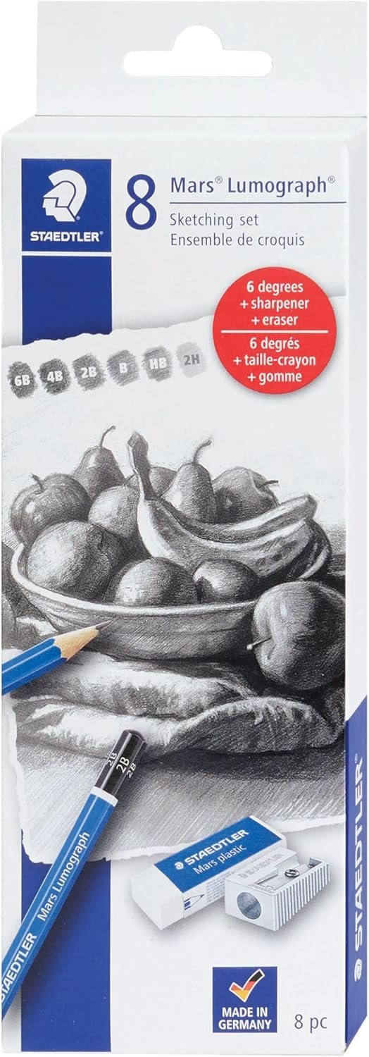 STAEDTLER Mars Lumograph Sketching Set: 6 Pencils, Mini Eraser & Sharpener