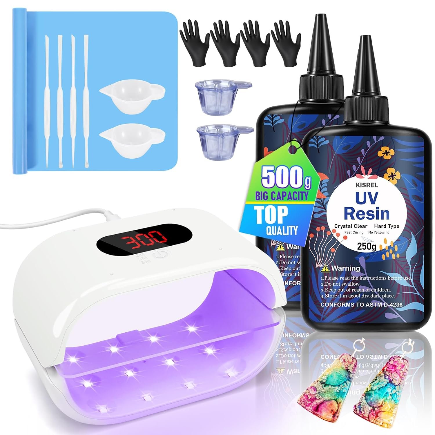 KISREL UV Resin Kit with Light, 500g Hard UV Resin with Double-Sided Light