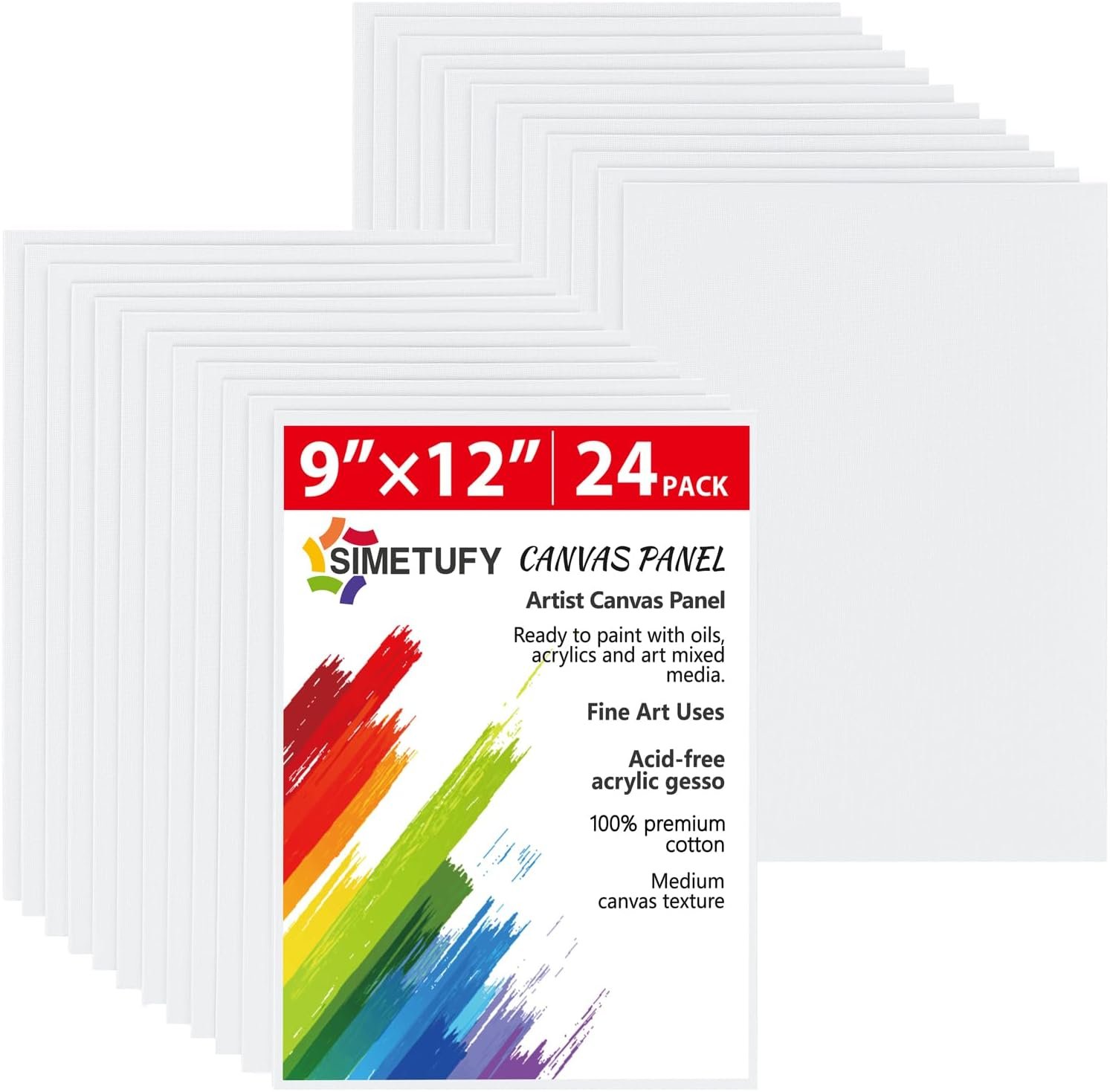 Simetufy 24 Pack 9×12 inch Flat Canvas Boards for Painting 8oz Gesso Primed