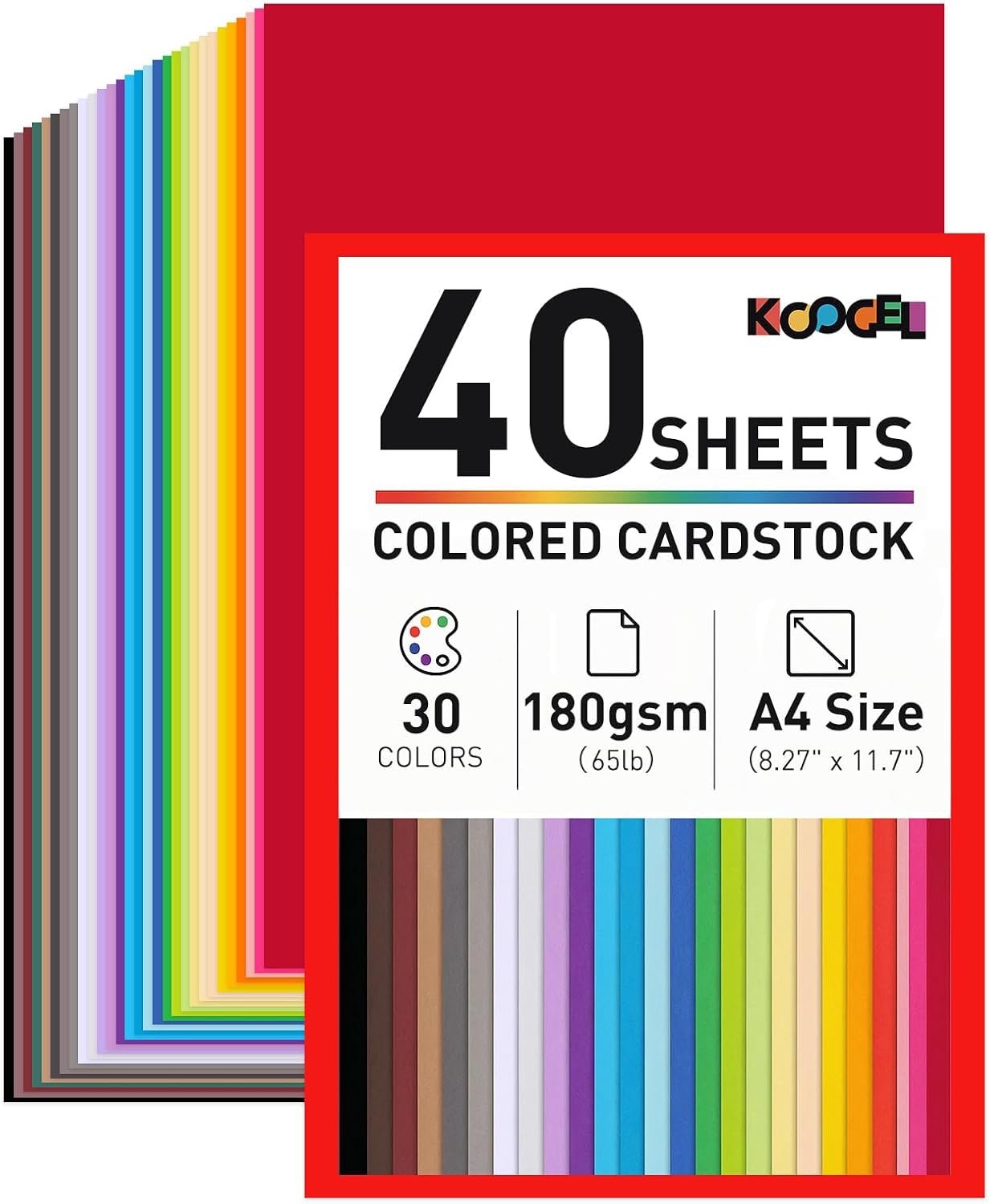 Koogel 40 Sheets Colored Cardstock, 8.27″ x 11.7″ (A4 Size), 180GSM/65LB