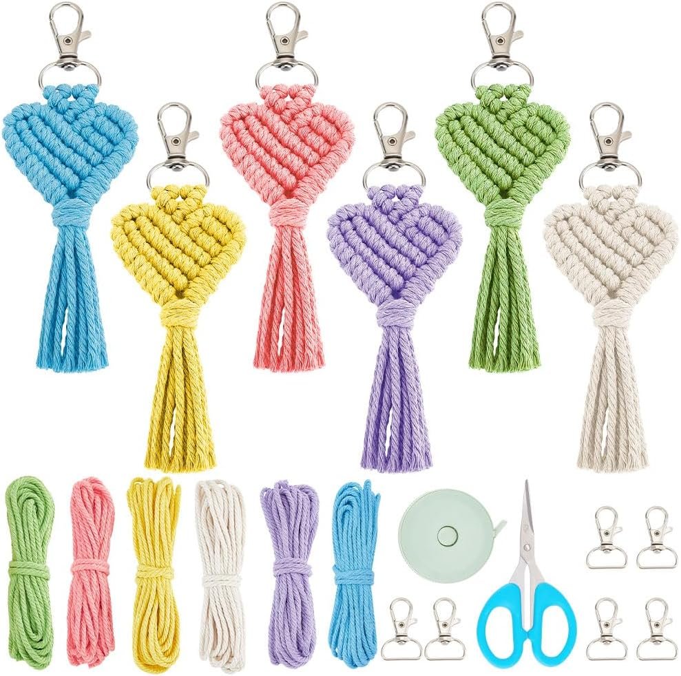 FREEBLOSS Creative Heart Macrame Keychain Kit – 6 Set DIY Tassel Keychain for Bag – Beginner-Friendly Kit With 6 Colors Pure Cotton Cord