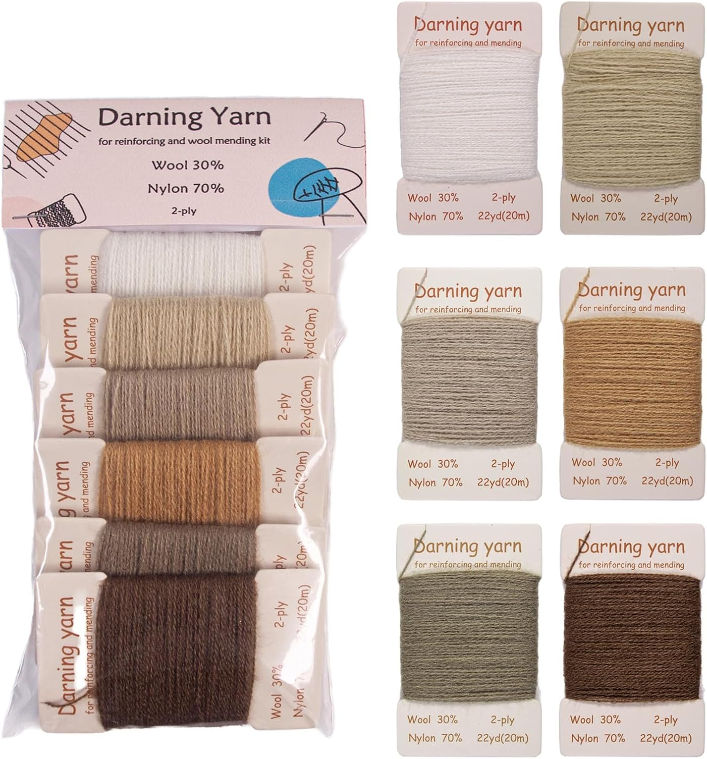 6Pcs Darning Threads Kit, 30% Wool Darning Yarn Repair Kit for Socks Clothes Mending Weaving