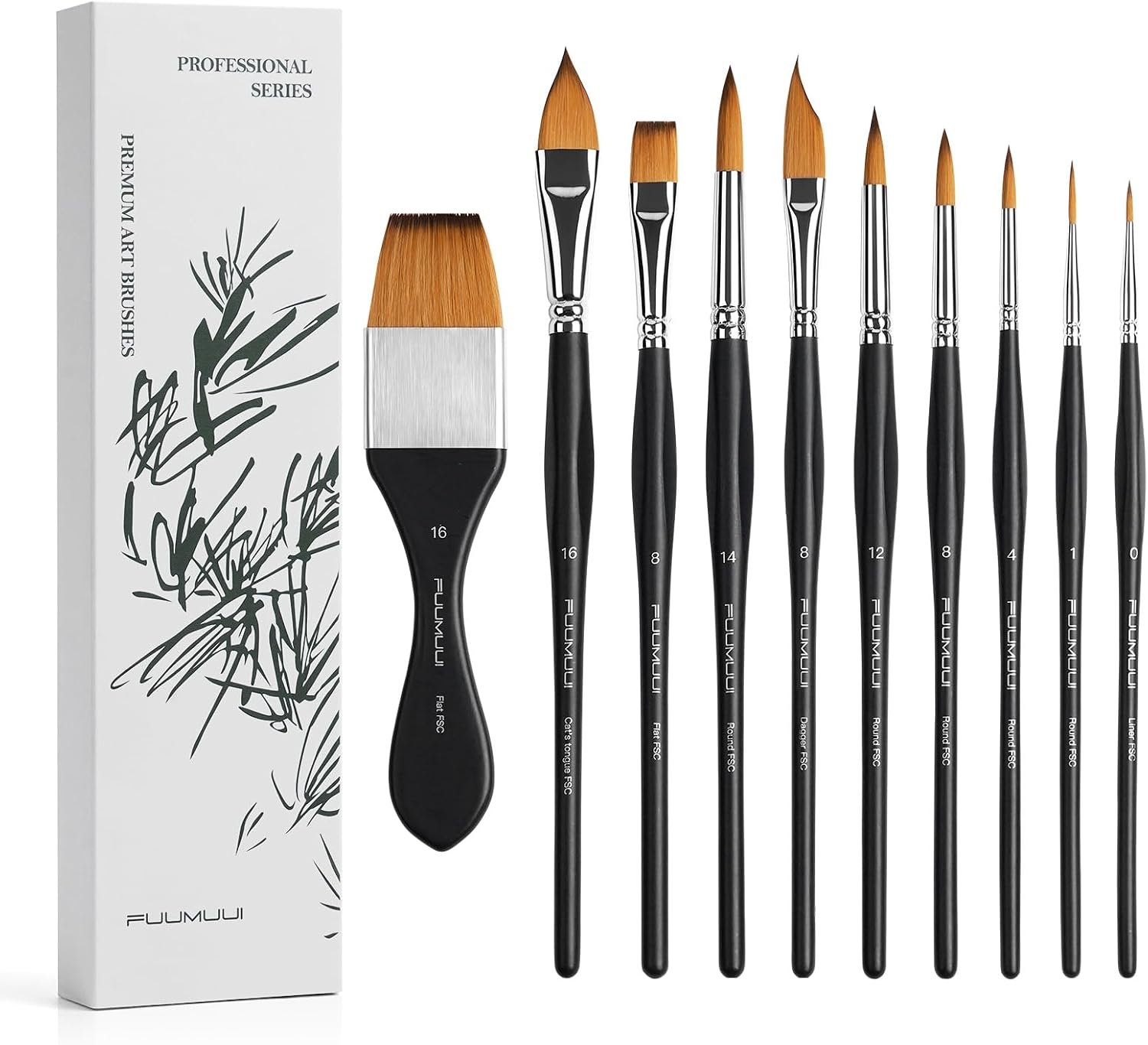 Fuumuui Watercolor Paint Brushes, Professional 10Pcs Synthetic Sable Water Color Brushes for Adult with Wide Flat, Round, Dagger, Cat’s Tongue, Liner for Watercolor Gouache Inks Painting