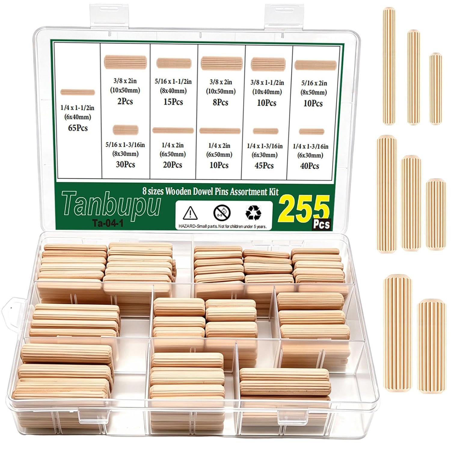 255Pcs 8 Values Wood Dowels Kit 1/4″ 5/16″ 3/8″, Wooden Dowel Pins, Fluted Wood Dowels Rods for Crafts, Furniture, DIY Manual