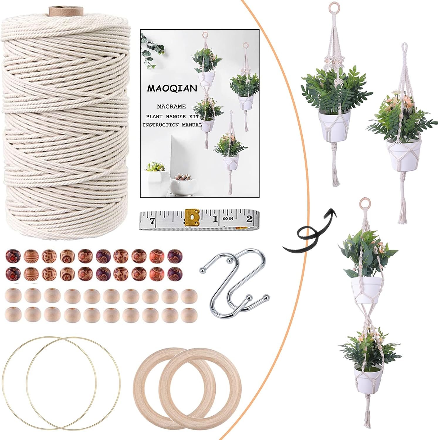 3 in 1 Macrame Kit for Beginners, 3mm x 220yards Cotton Macrame Cord, 3 DIY Macrame Plant Hanger Kits for Adults with Instructions Macrame Supplies Best for Macrame Plant Hanger Kit
