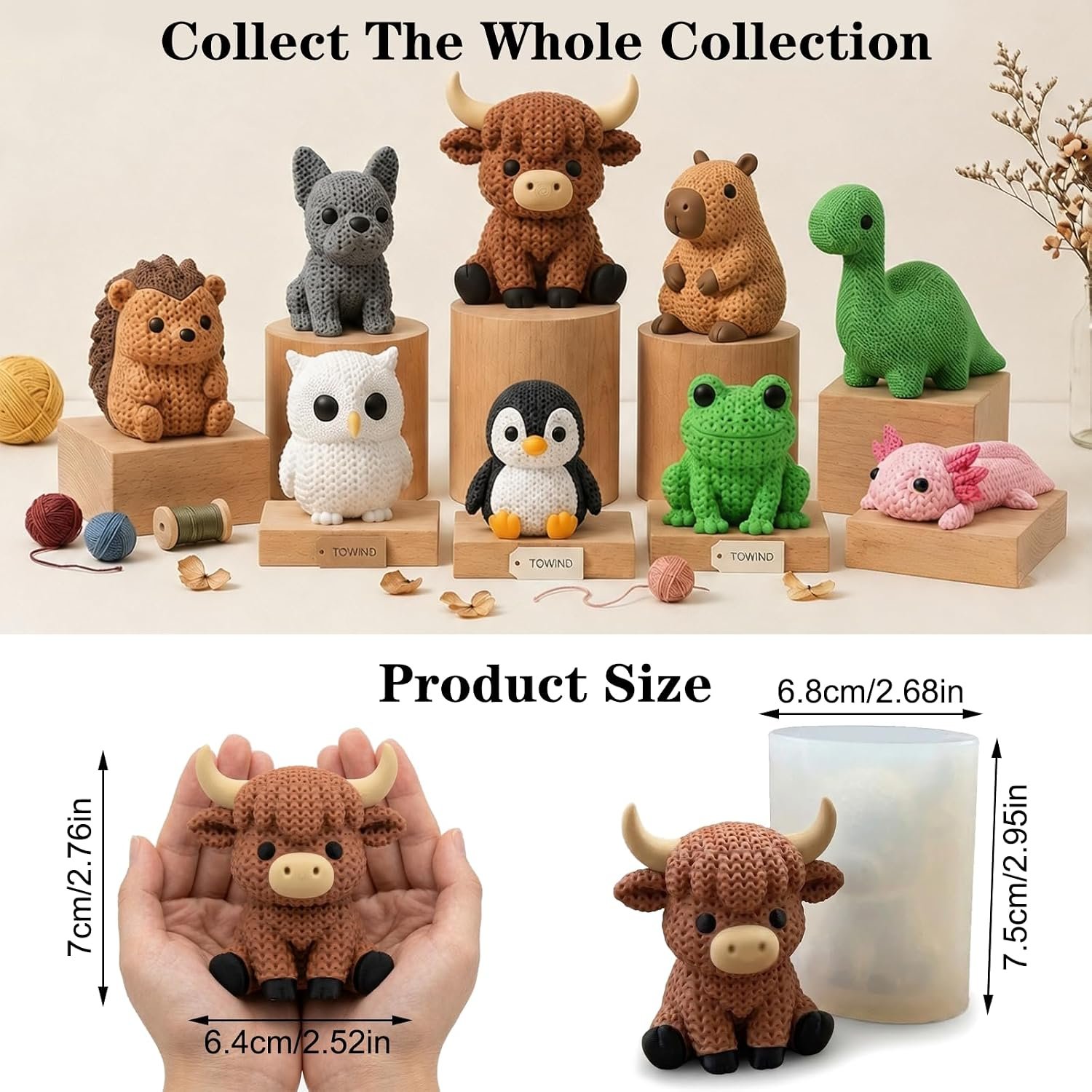 Knitted Animal Collection | Highland Cow Silicone Mold, Cute Animal Resin Casting Mold with Knitted Texture, Flexible Reusable 3D Mold for Epoxy Resin, Candle, Soap, Plaster, Clay & DIY Crafts