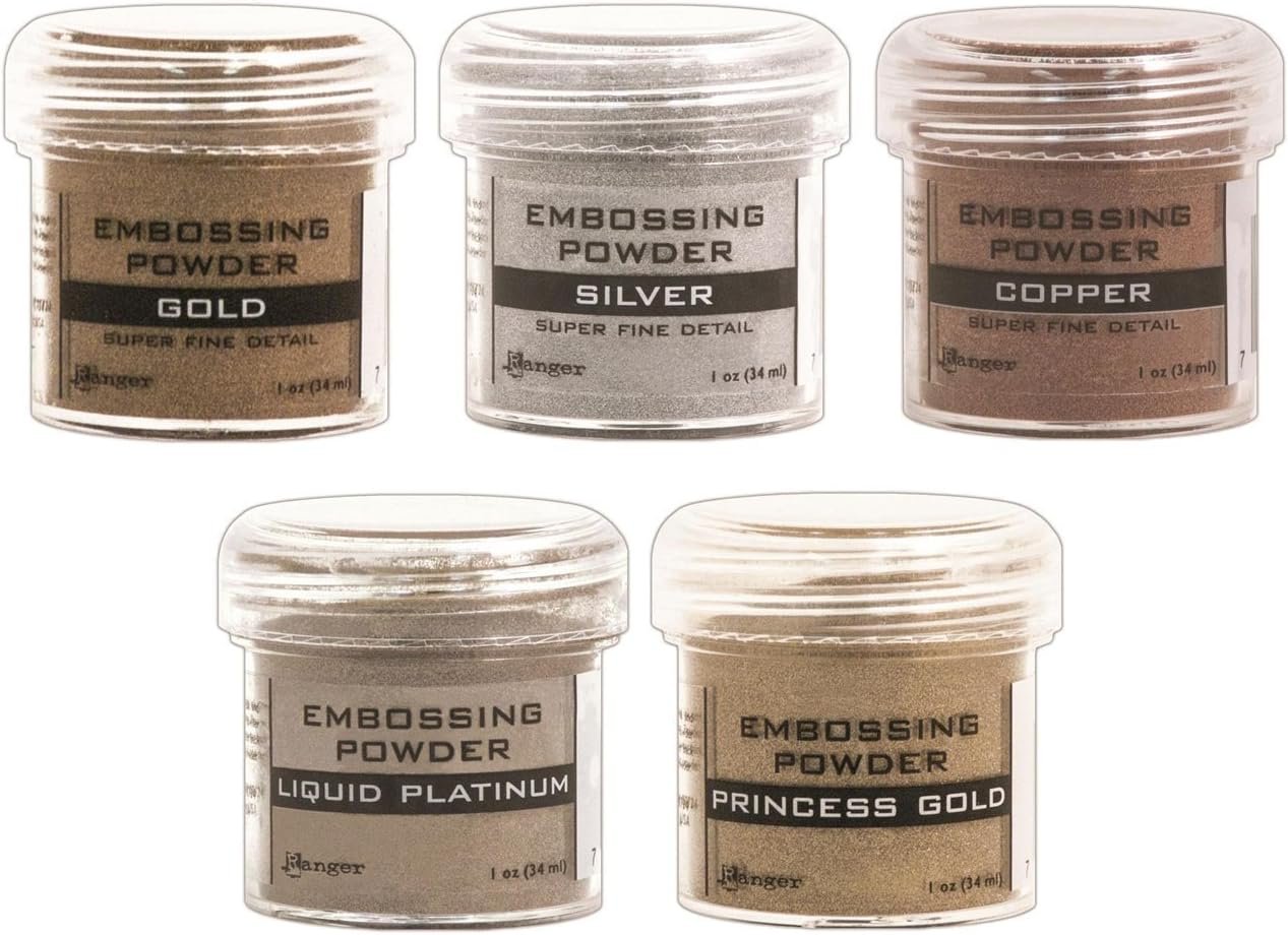 Ranger – Heat Embossing Powder for Cardmaking – Metallic – Gold, Silver, Platinum, Copper & Princess Gold – 5 Item Bundle
