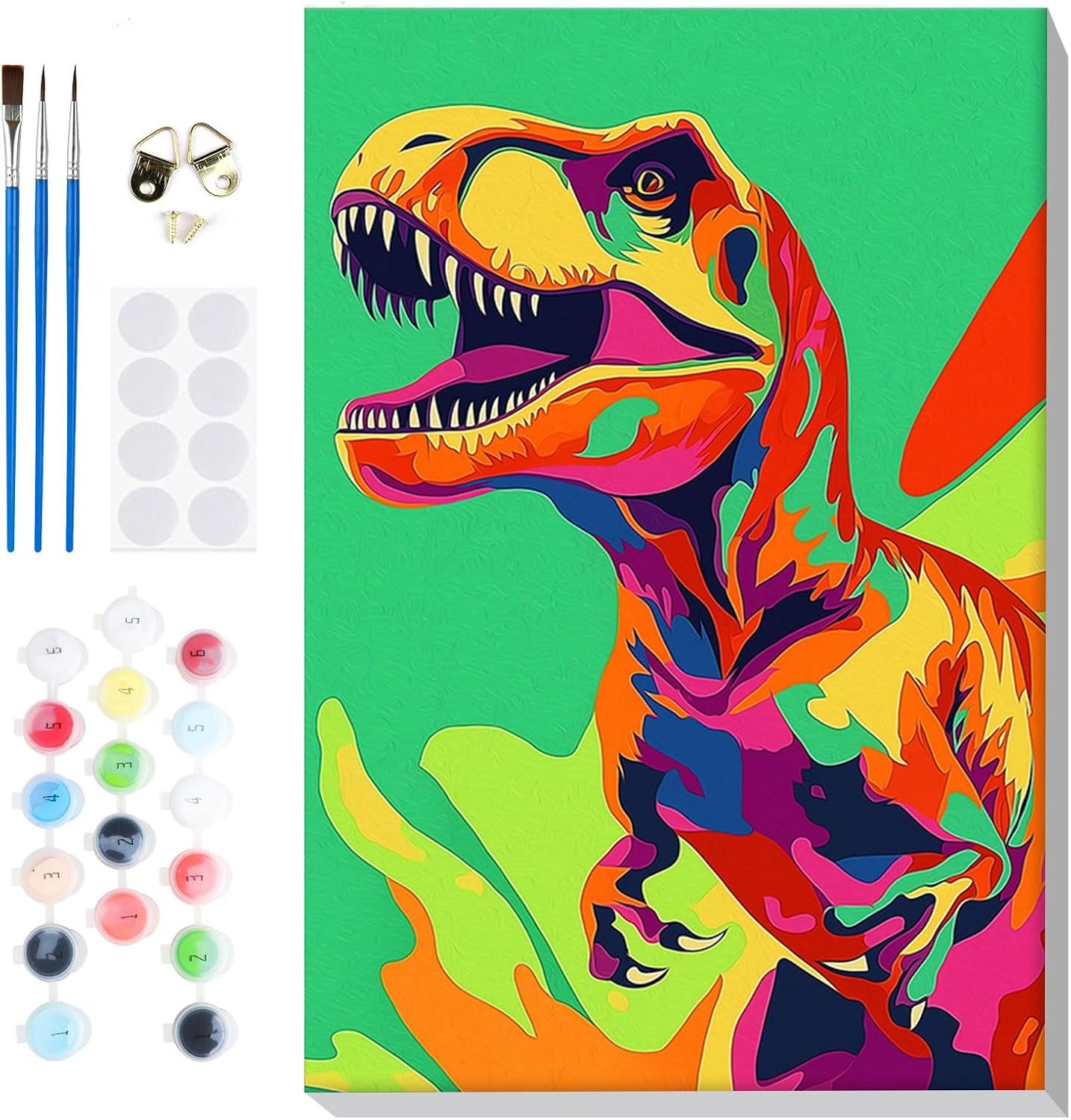 Bowetile Framed Cartoon Paint by Numbers for Kids Beginners, Dinosaur Paint by Numbers for Kids Ages 8-12, Kids Paint by Number Kits on Canvas, DIY Acrylic Number Painting for Home Decor, 8x12in