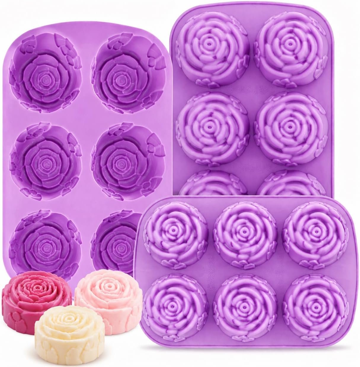 Large Rose Soap Mold Set (3-Pack), Silicone Mold for Handmade Soap Making, Candles, Chocolate, Baking & DIY Crafts, Flexible Non-Stick Design with Realistic Rose Detail