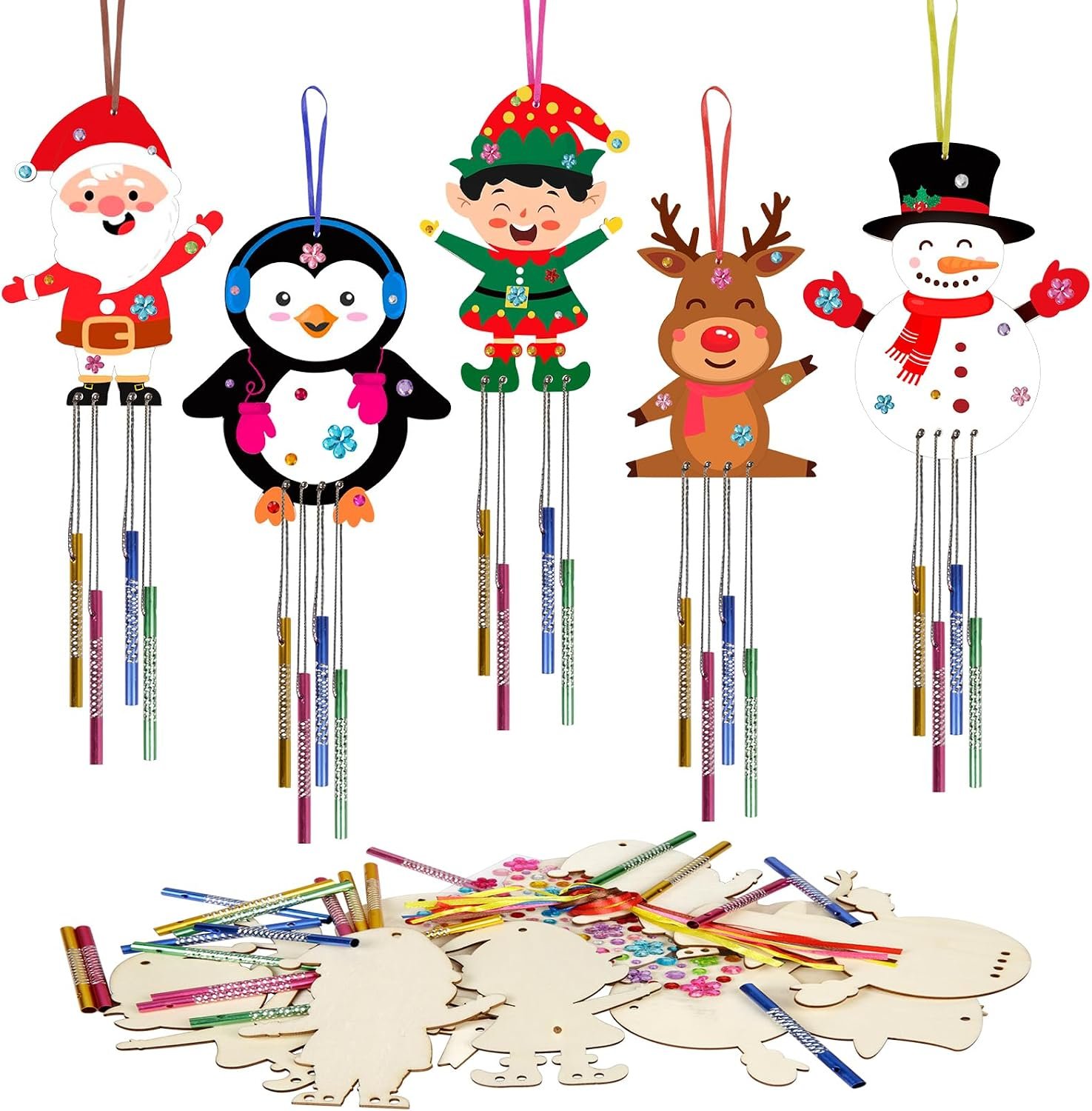 Fennoral 10 Pack Christmas Wind Chime Kit for Kids Make You Own Christmas Wind Chimes DIY Coloring Wooden Craft for Christmas Hanging Ornaments Party Decoration
