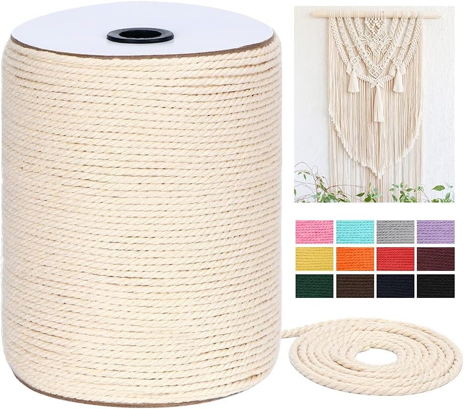 Macrame Cord 4mm x 328Yards(984Feet),Natural Cotton Macrame Rope – 3 Strands Twisted Macrame Cotton Cord for Wall Hanging, Plant Hangers, Crafts, Gift Wrapping and Wedding Decorations