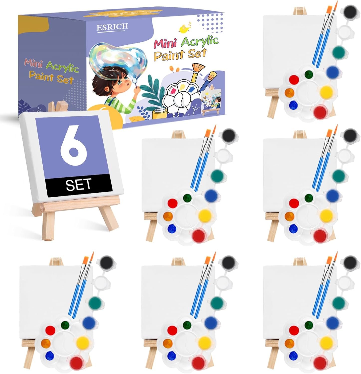 ESRICH 6 Set Mini Acrylic Paint Kit, Mini Stretched Canvas with Easel