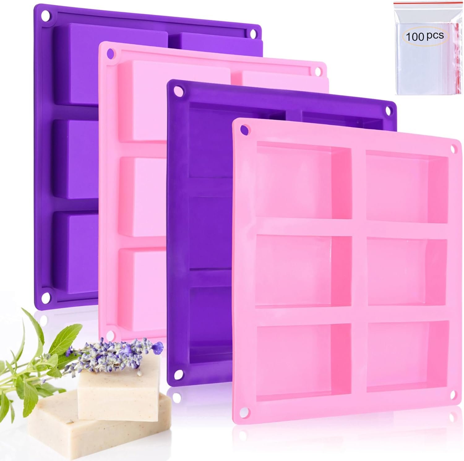Bangp 4 Pack Silicone Soap Molds with 100pcs 3.5×5 inches Bags